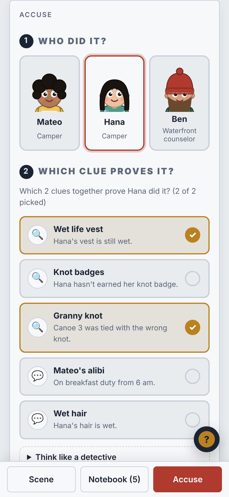 Phone screen: picking Hana as the suspect and ticking two clue cards