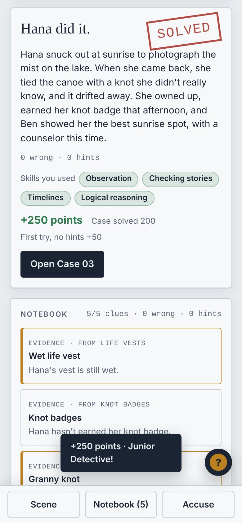 Phone screen: a SOLVED stamp, the case explanation, skills used and points earned