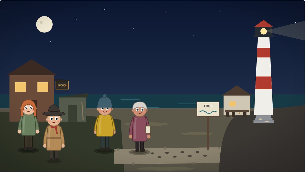 A harbor at night with a lighthouse and townspeople