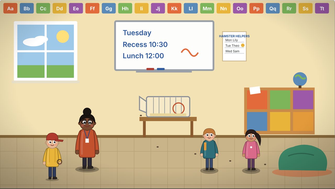A cheerful classroom with a hamster cage and three classmates