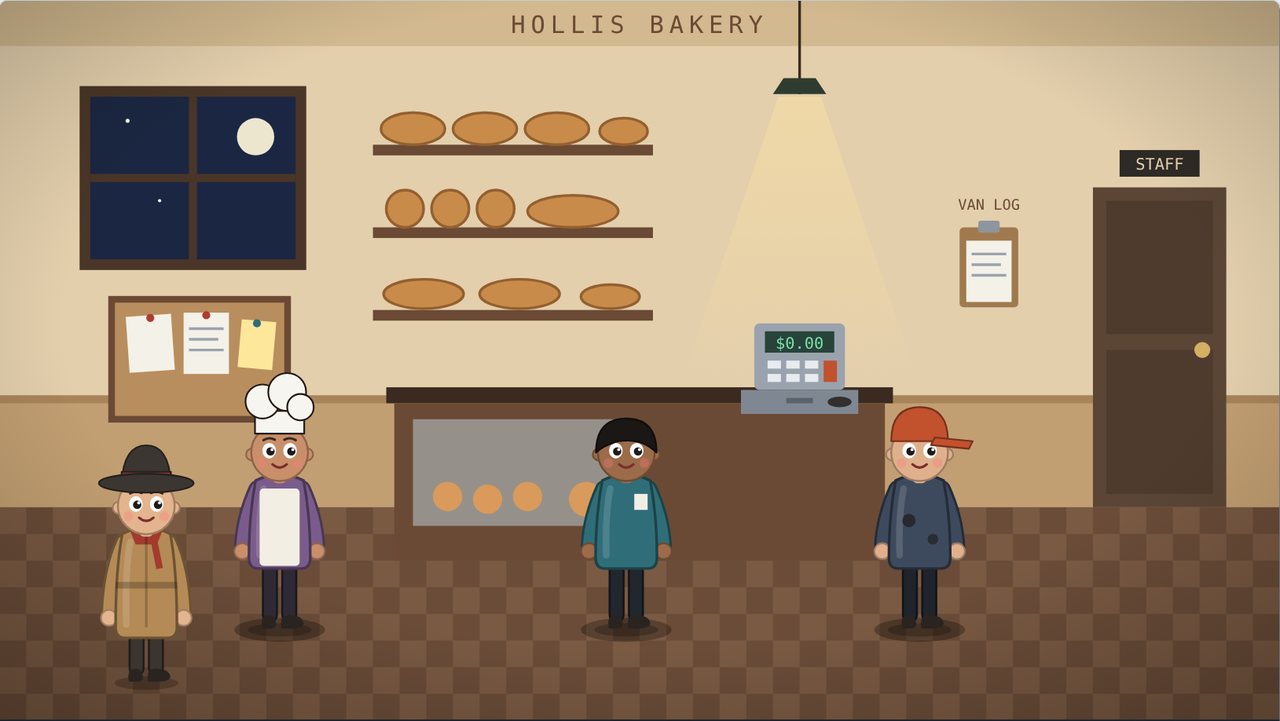 A 1940s bakery at night with suspects by the counter